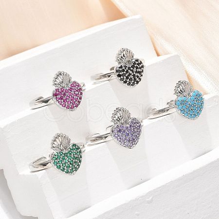 Sacred Heart Brass Micro Pave Cubic Zirconia Cuff Rings for Women RJEW-B117-01P-1