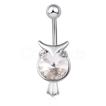Piercing Jewelry Real Platinum Plated Brass Cubic Zirconia Owl Navel Ring Navel Ring Belly Rings AJEW-EE0001-33A-1