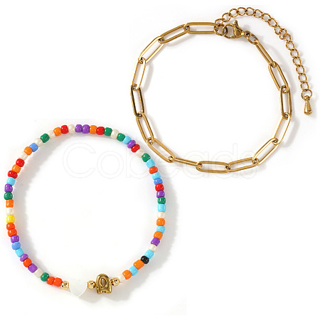 2Pcs 2 Styles Glass Seed Beads & Natural Shell & 304 Stainless Steel Beads Stretch Bracelest & Brass Paperclip Chain Bracelets Set for Women GY4605-1-1