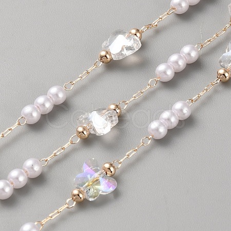 Brass Glass Butterfly and Plastic Imitation Pearl Beaded Chains CHC-TAC0011-03G-1