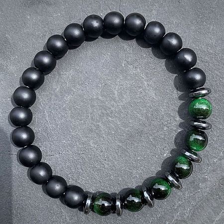 Natural Dyed Green Tiger Eye & Matte Black Obsidian Round Beads Stretch Bracelets for Men Women LS-UT1293-1-1