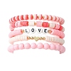 5Pcs 5 Style Word Love Acrylic & Brass Heart & Polymer Clay Disc Beaded Stretch Bracelets Set for Valentine's Day BJEW-TA00314-1