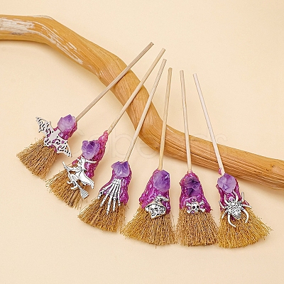 6Pcs Halloween Rough Raw Natural Amethyst Witch Altar Broom PW-WG01DCA-01-1