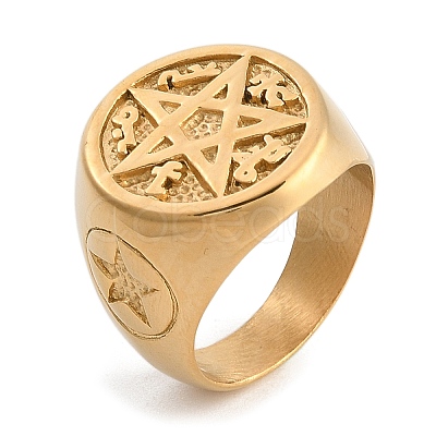 Round with Star 304 Stainless Steel Signet Rings for Unisex RJEW-Z076-07G-01-1