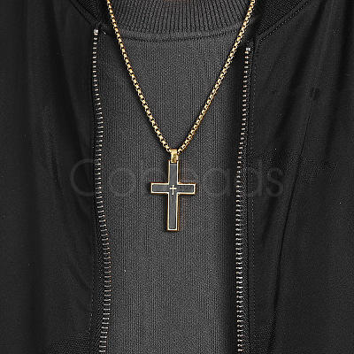 304 Stainless Steel with Wood Religion Cross Pendant Box Chain Necklaces for Men FS-WGA9A37-03-1