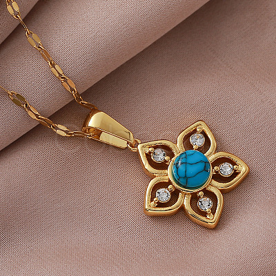 Vintage 304 Stainless Steel & Synthetic Turquoise Flower Pendant Necklaces with Crystal Rhinestone for Women LS-RQ4537-1