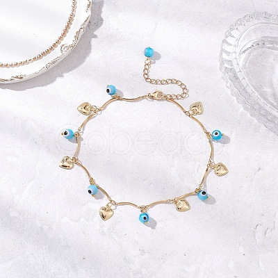 3Pcs 3 Styles Handmade Evil Eye Lampwork & Stainless Steel Moon Heart Leaf Tassel 304 Stainless Steel Curved Bar Link Chain Anklets for Women AJEW-AN00742-1