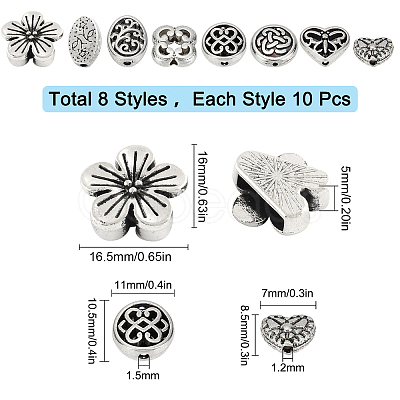 80Pcs 8 Styles Alloy Beads & Charms TIBEB-SC0001-08AS-1