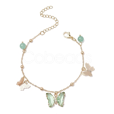 Round 6mm Natural Green Aventurine & Butterfly Glass Charm Bracelets X1-BJEW-TA00525-1