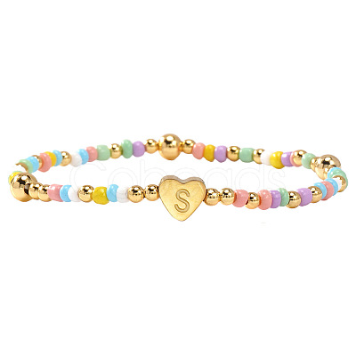 Summer Stainless Steel Heart Alphabet Colorful Glass Seed Beaded Stretch Bracelets for Women JV8929-45-1