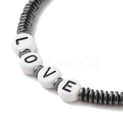 Synthetic Hematite Heishi Beaded Stretch Bracelet with Word Love BJEW-JB07570-1