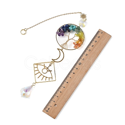 Natural Green Aventurine & Lapis Lazuli & Amethyst & Olive Jade & Topaz Jade & South Red Agate & Glass Tree of Life Suncatcher HJEW-TA00486-1