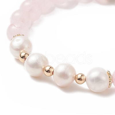 Natural Rose Quartz & Pearl Stretch Bracelet BJEW-JB09224-01-1