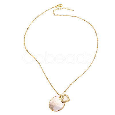 Brass & Natural Paua Shell Flat Round with Heart Pendant Necklaces for Women WG481B6-01-1