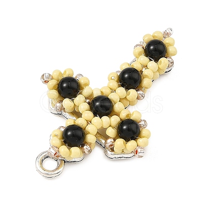 Natural Black Onyx(Dyed & Heated) & Glass Seed Beaded Pendants PALLOY-MZ01404-02-1