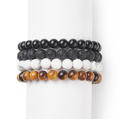 4Pcs 4 Style Synthetic & Natural Mixed Gemstone Round Beaded Stretch Bracelets Set for Men Women BJEW-JB08872-1