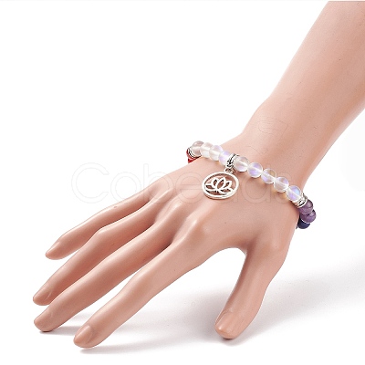 Synthetic Moonstone & Mixed Gemstone Stretch Bracelet with Alloy Lotus Charms BJEW-TA00134-02-1