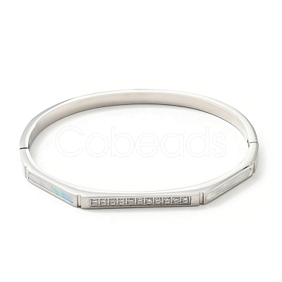 Shell Oval and Cubic Zirconia Hinged Bangle BJEW-G644-01-1