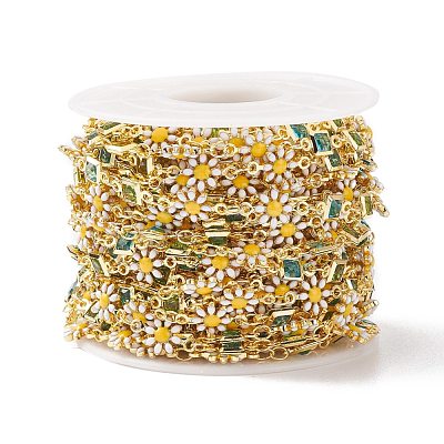 Enamel Flower & Glass Square Link Chains CHC-P009-36G-1