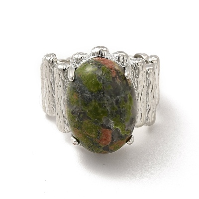 Natural Unakite Oval Open Cuff Ring RJEW-P082-03P-12-1