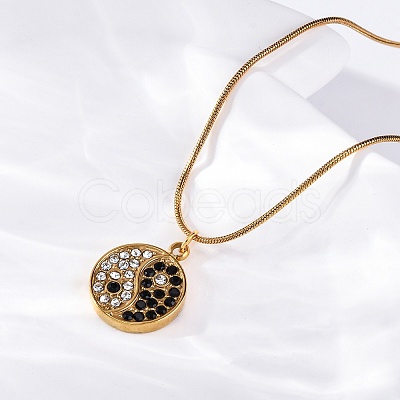 304 Stainless Steel Crystal & Jet Rhinestone Yin-yang Pendant Round Snake Chain Necklaces for Women NJEW-Z044-12G-1