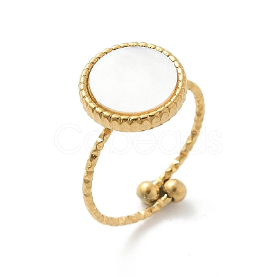Flat Round 304 Stainless Steel White Shell Cuff Rings for Women RJEW-G346-10G-02-1