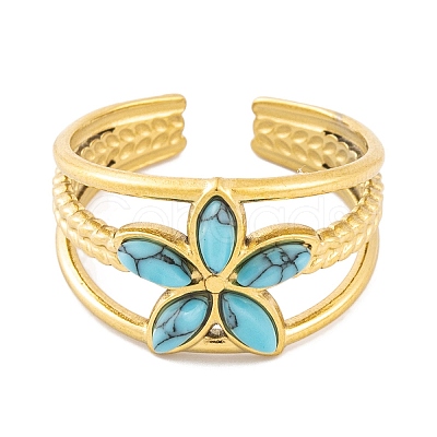 Flower 304 Stainless Steel Open Cuff Rings Ion Plating(IP) RJEW-G314-02G-1