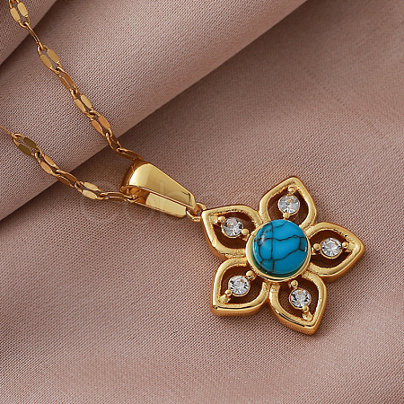 Vintage 304 Stainless Steel & Synthetic Turquoise Flower Pendant Necklaces with Crystal Rhinestone for Women LS-RQ4537-1