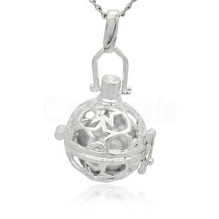 Silver Color Plated Brass Hollow Round Cage Pendants KK-J226-08S-1