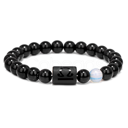 12 Constellations Protetion Aquamarine & Black Obsidian Round Beads Stretch Bracelets for Men Women WG083ED-03-1