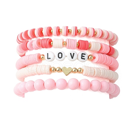 5Pcs 5 Style Word Love Acrylic & Brass Heart & Polymer Clay Disc Beaded Stretch Bracelets Set for Valentine's Day BJEW-TA00314-1