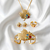 Maple Leaf Alloy Colorful Rhinestone Pendant Necklaces & Stud Earrings & Cuff Bangles & Cuff Rings Sets for Women WGFFE4E-01-1