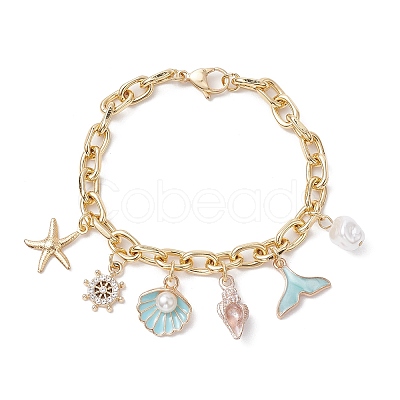 Summer Beach Starfish & Shell Shaped Alloy Enamel & ABS Plastic Imitation Pearl Charm Bracelets BJEW-JB10539-1