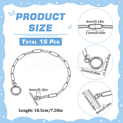 15Pcs 304 Stainless Steel Paperclip Chain Bracelets Set BJEW-SC0001-23-1