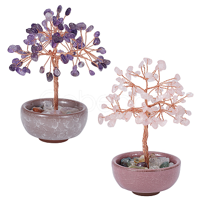 2Pcs 2 Styles Natural Amethyst & Rose Quartz Chips Tree of Life Decorations AJEW-OC0014-06B-1