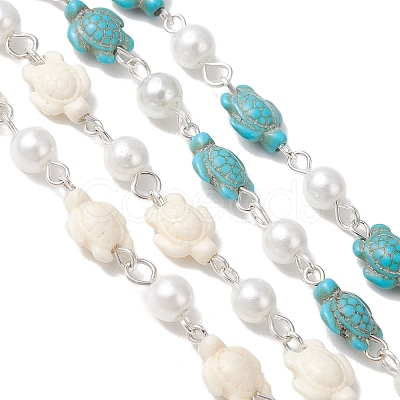 2Pcs 2 Colors Synthetic Turquoise & Glass Pearl Link Chains AJEW-JB01594-02-1