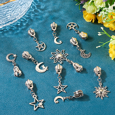 18Pcs 9 Styles Alloy Replacement Zipper Sliders with Sun Moon Star Charms HJEW-TAC0088-1