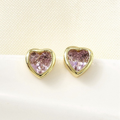 Brass Cubic Zirconia Heart Stud Earrings EJEW-L261-030G-1