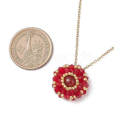 Natural Carnelian(Dyed & Heated) & Glass Seed Beaded Flat Round Pendant 304 Stainless Steel Cable Chain Necklaces NJEW-MZ00129-07-1