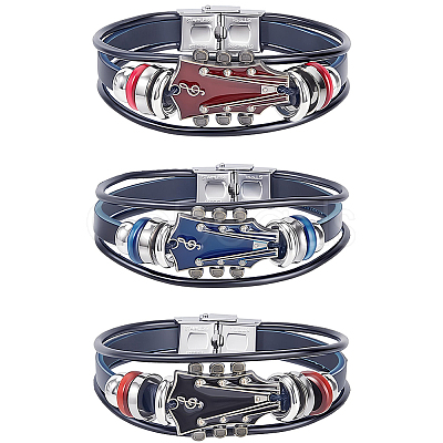 3Pcs 3 Colors Alloy & Leather Cord Bracelets for Men Women BJEW-CL0001-25-1