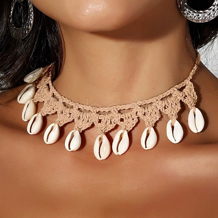 Bohemian Handmade Woven Polyester Cord Natural Cowrie Shell Tassel Choker Necklaces for Women FS-WGB5F2D-07-1