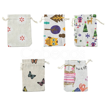 10Pcs 5 Styles Printed Polycotton(Polyester Cotton) Packing Pouches Drawstring Bags ABAG-YW0001-05-1
