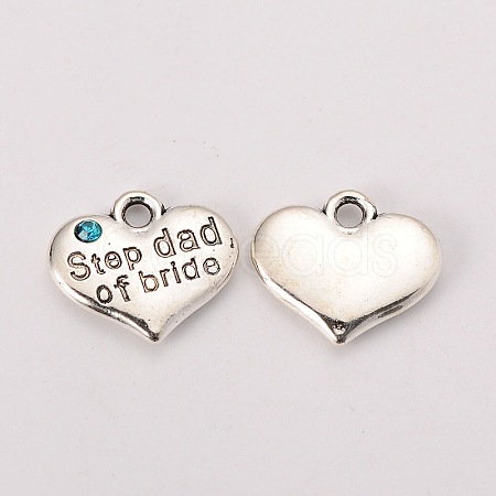 Wedding Theme Antique Silver Tone Tibetan Style Alloy Heart with Step Dad of Bride Rhinestone Charms TIBEP-N005-22B-1