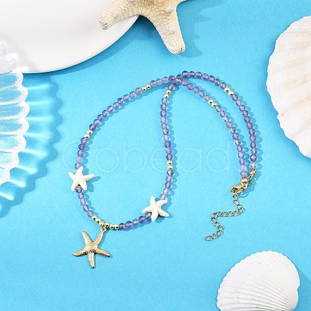 Synthetic Turquoise & Natural Amethyst Faceted Round Beaded Starfish 304 Stainless Steel Pendant Necklaces for Women NJEW-JN05459-1