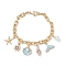 Summer Beach Starfish & Shell Shaped Alloy Enamel & ABS Plastic Imitation Pearl Charm Bracelets, Ocean Theme Brass Cable Bracelets for Women, Golden, 7-1/4 inch(18.5cm)