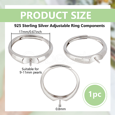 1Pc 925 Sterling Silver Adjustable Design Ring Mounts Fittings with Pearl Seat STER-BC0002-79B-P-1