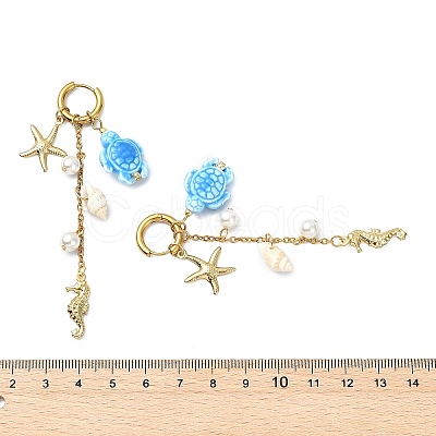 Seahouse 316 Surgical Stainless Steel & Starfish 304 Stainless Steel & Tortoise Porcelain Dangle Hoop Earrings for Women EJEW-JE07129-1