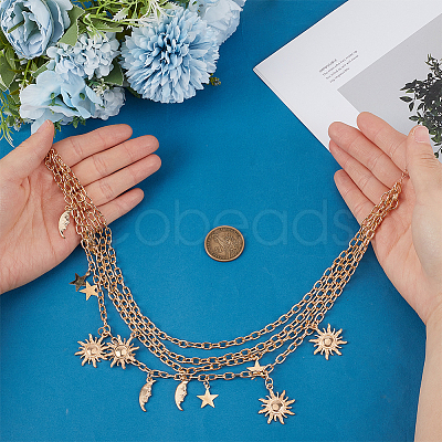 Alloy Moon Sun Star Double Layer Tassel Waist Chains AJEW-GF0013-25G-1