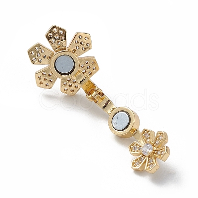 Rack Plating Flower Brass Pave Clear Cubic Zirconia Fold Over Magnetic Clasps KK-C019-21G-1