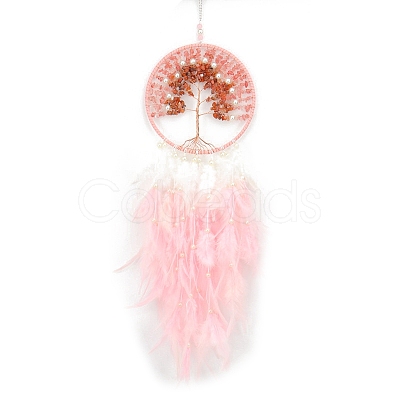 Natural Carnelian & Synthetic Cherry Quartz Glass Tree of Life Hanging Ornaments PW-WG38540-05-1